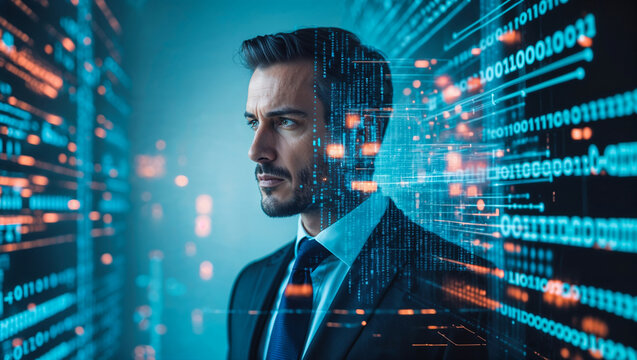 Businessman analyzing big data and computer code in futuristic server room - Powered by Adobe