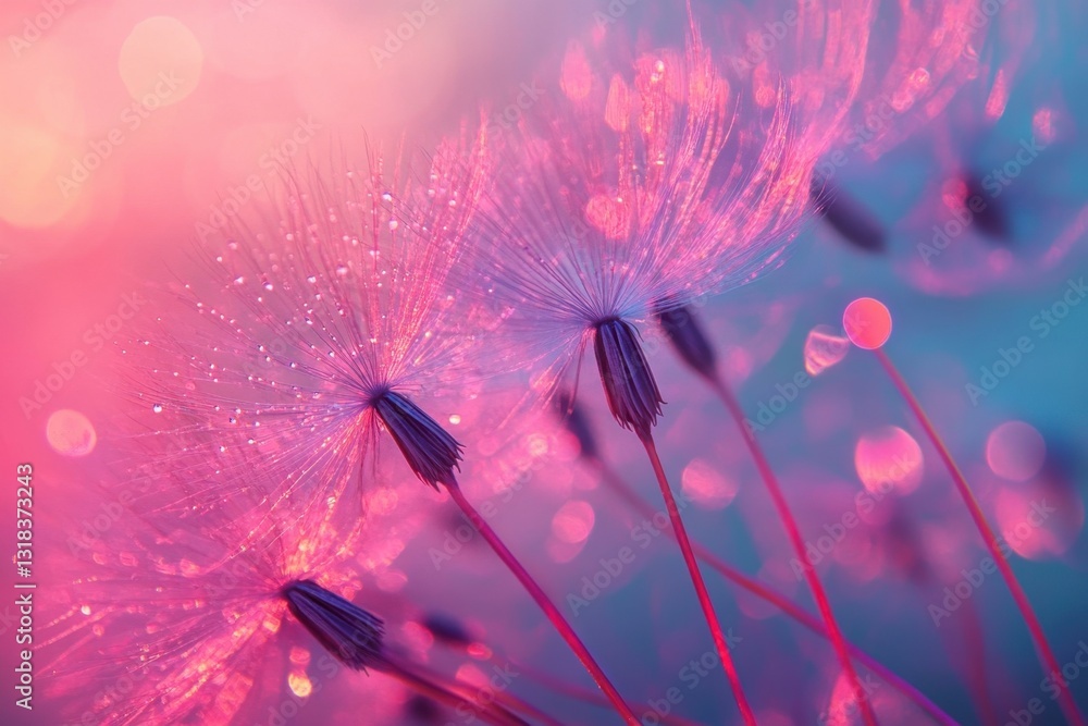 Poster whispers of a dandelion: macro view of a delicate dandelion seed head, captured in a dreamlike state