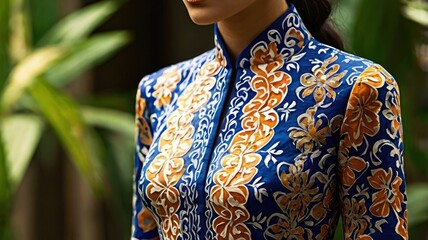 Obraz premium Woman's ornate, embroidered jacket, tropical garden setting