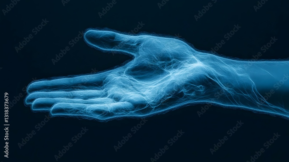 Poster surreal dissolving hand with ethereal beams of light and glow
