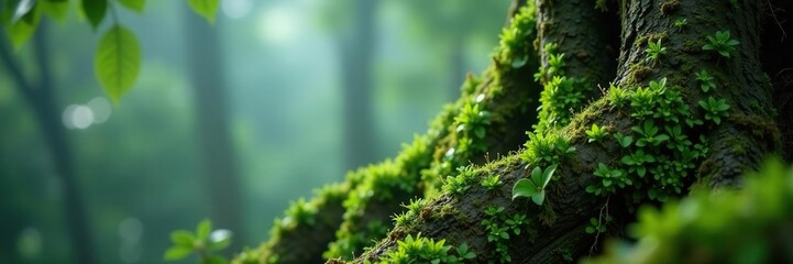 Tree's bark covered with moss and lichen in a misty atmosphere, moss, natural, branches