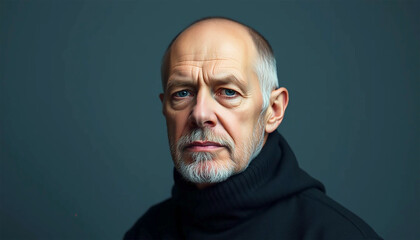 Obraz premium A Pensive Older Man With A Thoughtful Gaze And Salt-and-pepper Beard Against A Muted Blue Backdrop