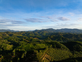 Aerial view landscape mountains view in sunset or sunrise sky background