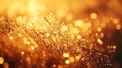 Morning sunlight casts a golden hue over fresh dew on blades of grass, transforming the landscape into a sparkling world of tiny water droplets that catch the light beautifully