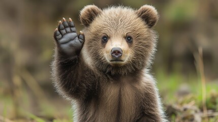 Obraz premium Playful Cub: A charming cub extends a paw, a gesture of greeting or a friendly wave, capturing the essence of curiosity and innocence