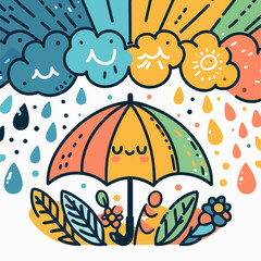 vector illustration of umberella and rainbow colored clouds