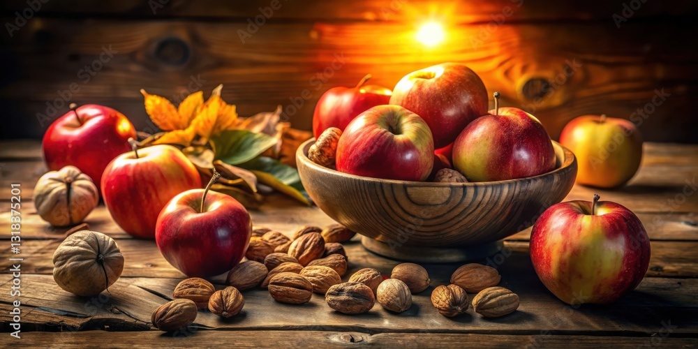 Poster a bowl of red apples and nuts on a rustic wooden table with warm lighting