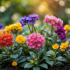 Vibrant Garden of Colorful Flowers Blooming in Sunny Springtime