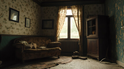 Dim living room scene with old - fashioned and vintage style