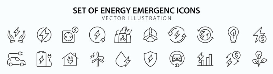 Energy efficiency web icons in line style. Green enegry, power plant, planet care, protection, solar energy. Vector illustration.