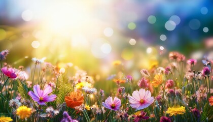 Colorful flower meadow with flowers in pastel hues with sunbeams in summer