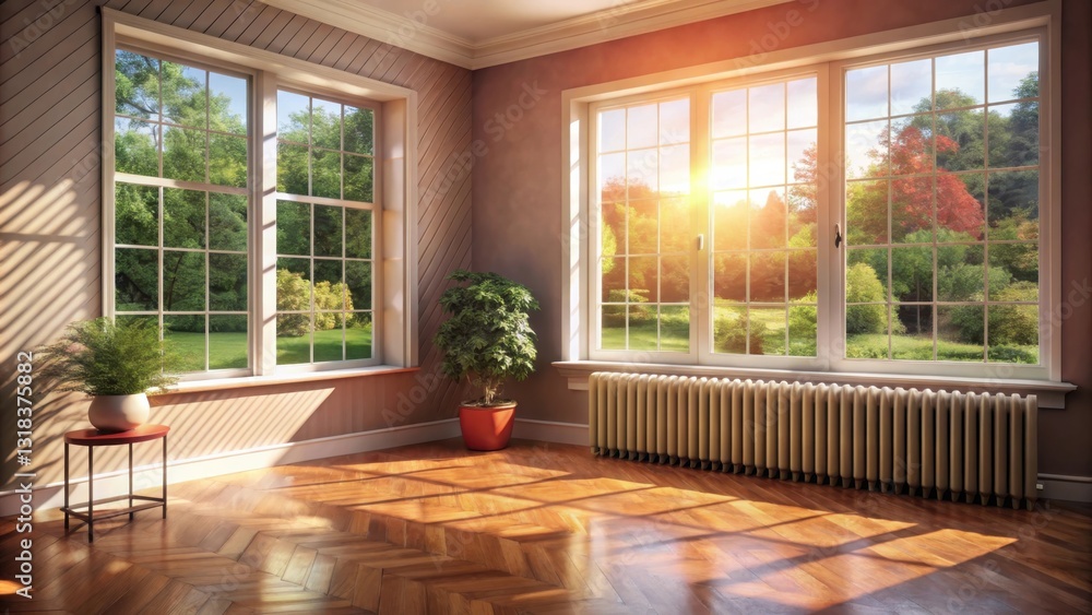 Poster Sunlight streams through large windows in a room with a hardwood floor and a radiator, casting shadows and creating a bright and inviting atmosphere.