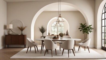 An elegant dining room with soft colors and minimalistic decor