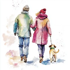 Couple Walking Dog Watercolor Painting Winter Coats