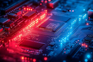 Closeup Glowing Circuit Board With Red And Blue Lights