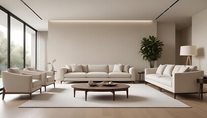 Fototapeta premium Modern living room interior with comfortable furniture arrangements and neutral colors