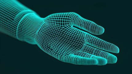 3D Wireframe Hand Model in Neon Blue and Black Background