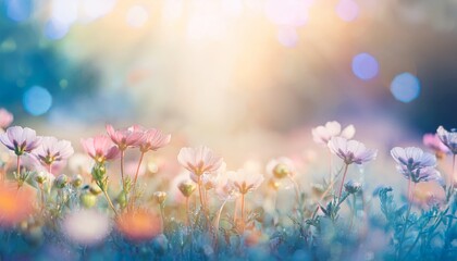 Obraz premium Colorful flower meadow with flowers in pastel hues with sunbeams in summer