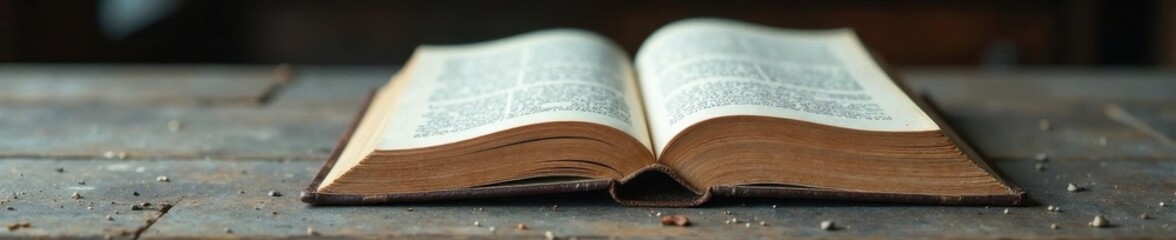 Obraz premium A single page from a pristine leather-bound book on a grey wooden table , wood, parchment, pages