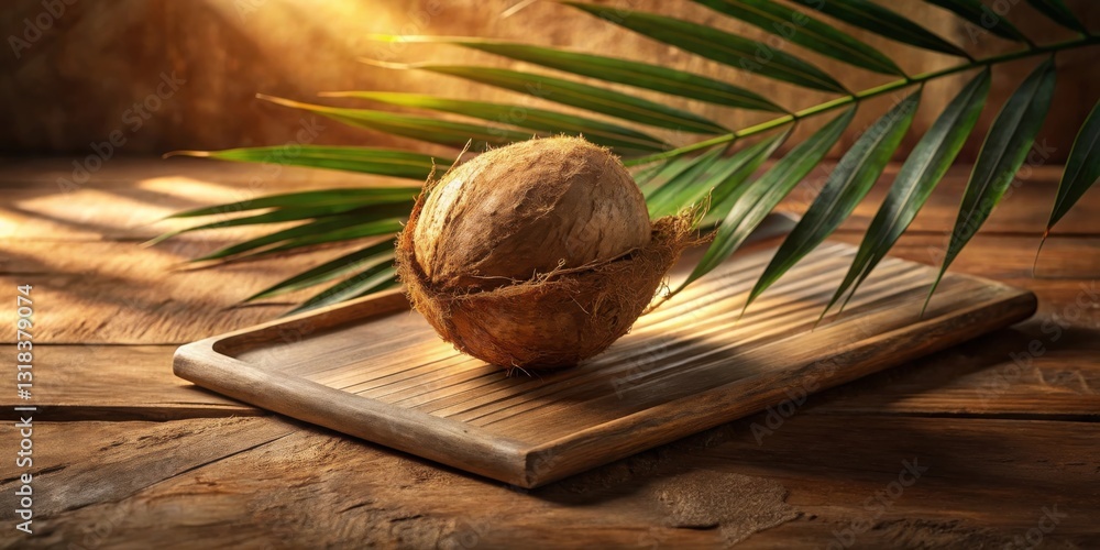 Poster a single coconut shell rests on a wooden tray with palm leaf in soft sunlight