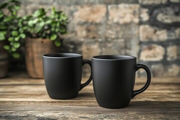 Obraz premium Two Black Mugs on a Wooden Table