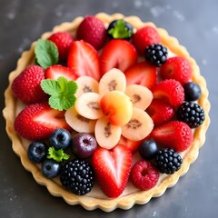 Obraz premium Delicious Homemade Fruit Tart with Berries Strawberry, Raspberry, Blueberry, Blackberry, Kiwi, and Mint, Dessert.