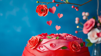 Fondo rosa con un sobre rojo y recortes de corazones de papel.