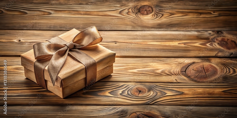 Poster a rustic wooden gift box with a gold ribbon sits on a weathered wooden surface, creating a simple ye