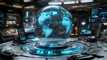 Futuristic control room with holographic Earth globe.