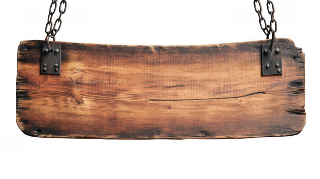 Rustic wooden hanging sign with curved edges and metal chains, perfect for decoration