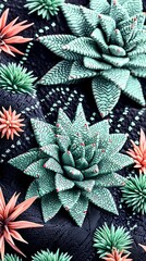 A vibrant fusion of red and green geometric patterns with sharp edges and contrasting shapes, arranged in a captivating abstract design that draws the eye