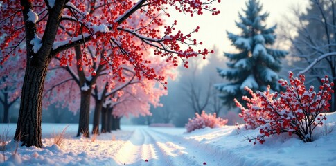 Bare trees with winter berries, botanical illustration, bare branches, winter