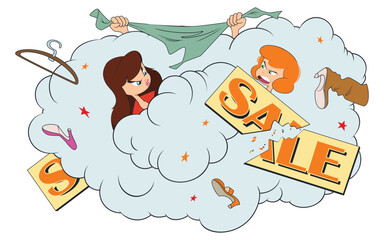 Mad women fight for clothes in shop.