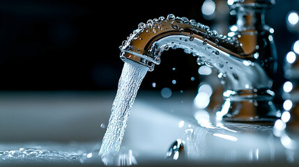 Close Up Water Flowing From Chrome Faucet