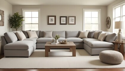 Fototapeta premium A large light gray sectional sofa in a bright living room