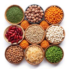 Fototapeta premium Various dried beans, lentils, mung, chickpea, pea assortment in wooden bowls. Legumes on white table top view. Vegan protein sources food, copy space 