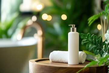 Relaxing spa experience home bathroom product display green environment close-up view wellness concept