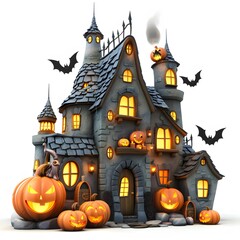 Fototapeta premium Spooky Halloween House with Pumpkins and Bats at Night