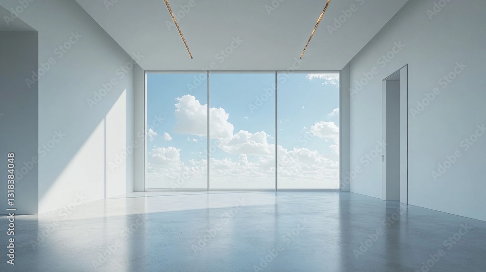 Poster a bright and spacious room features large windows showcasing captivating clouds against a clear sky.