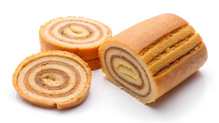 Biscuit roll with boiled condensed milk isolated on white background.
