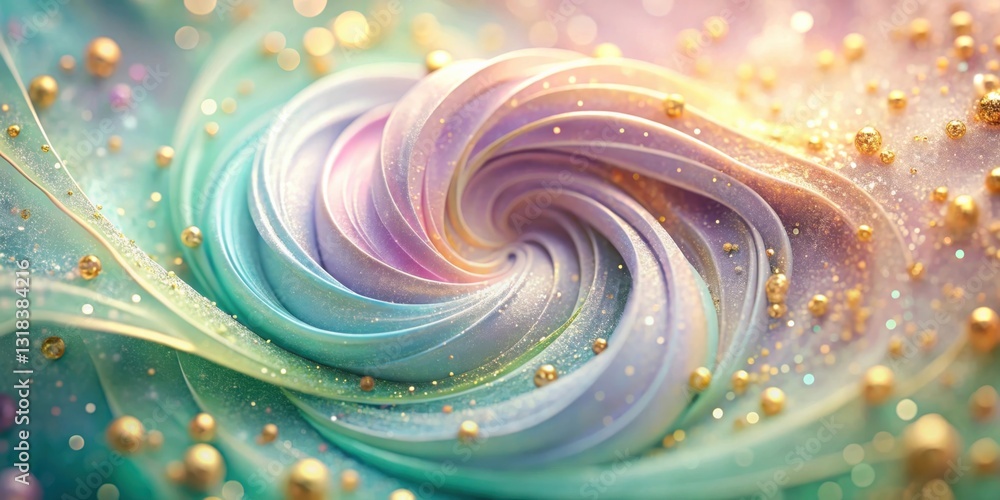 Poster a swirling, iridescent abstract texture with golden glitter and orbs, creating a visually captivatin
