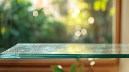 Sunlight pours through large windows, illuminating a sleek glass table that reflects the vibrant greenery outside. A serene atmosphere invites relaxation and contemplation
