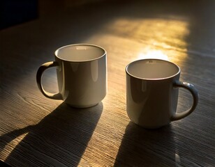 太陽の光に優しく包まれる２つのマグカップ