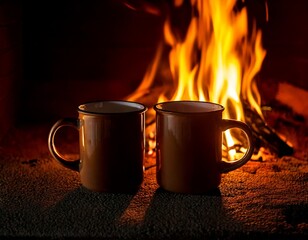 焚き火のそばに置かれた２つのマグカップ