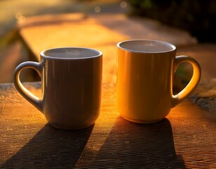 夕日に照らされる２つのマグカップ