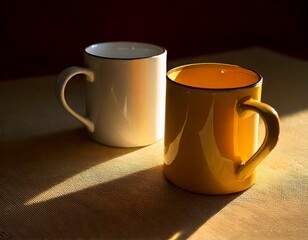 太陽の光に照らされる２つのマグカップ