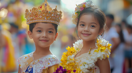Santacruzan, Filipino religious procession, vibrant street parade, Reyna Elena and Emperor Constantine, traditional Filipino attire, colorful flower arches, ornate gowns and crowns