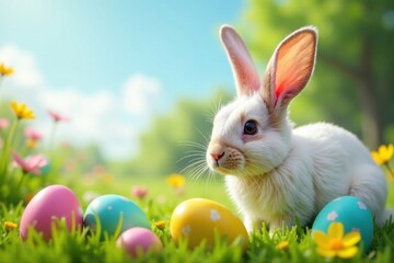 Obraz premium Bunny ears amidst easter eggs in a colorful meadow with flowers in the background, , pink tulips, meadow scenery