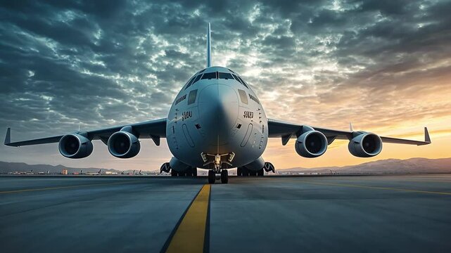 Massive cargo aircraft on runway at sunset, showcasing powerful engines against dramatic sky filled with clouds, highlighting essence of aviation and transportation at airport.