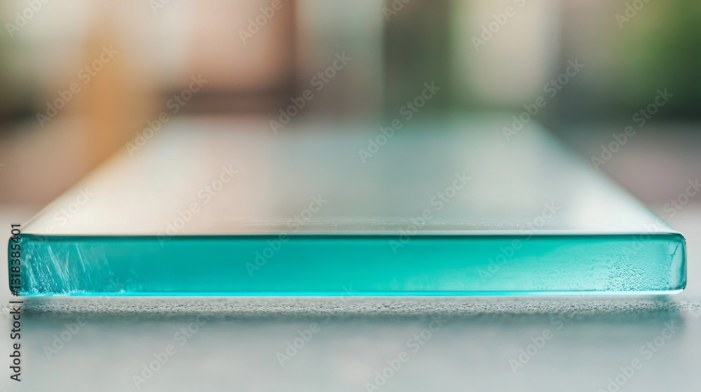 Poster a striking piece of teal glass lies flat on a smooth surface, illuminated by gentle natural light. s